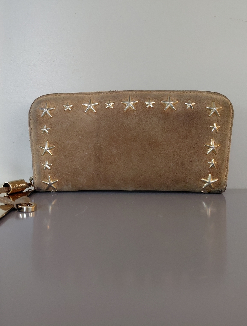 Jimmy Choo Taupe Suede Zip Wallet with Gold Star Studs